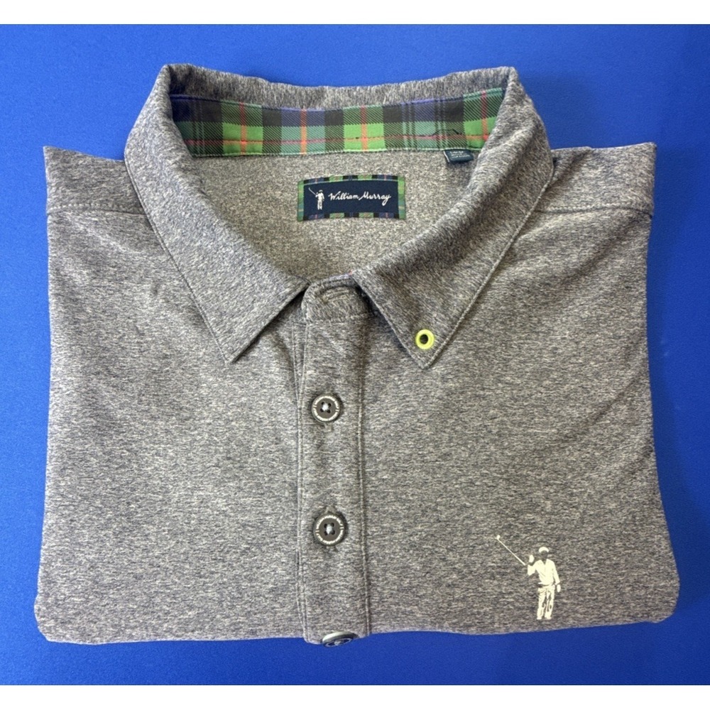 William Murray Polo Shirt Mens Large Gray Golf Performance Plaid Trim Stretch